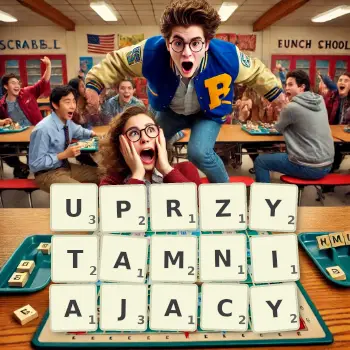 Kreatywna ilustracja do gry w Scrabble ze słowem UPRZYTAMNIAJACY ułożonym z płytek na planszy.