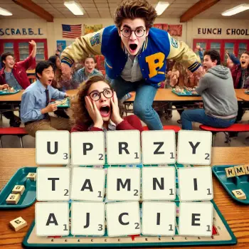 Kreatywna ilustracja do gry w Scrabble ze słowem UPRZYTAMNIAJCIE ułożonym z płytek na planszy.