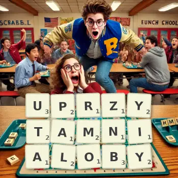 Kreatywna ilustracja do gry w Scrabble ze słowem UPRZYTAMNIALOBY ułożonym z płytek na planszy.