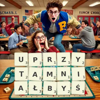 Kreatywna ilustracja do gry w Scrabble ze słowem UPRZYTAMNIAŁBYŚ ułożonym z płytek na planszy.