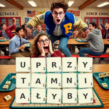 Kreatywna ilustracja do gry w Scrabble ze słowem UPRZYTAMNIAŁYBY ułożonym z płytek na planszy.