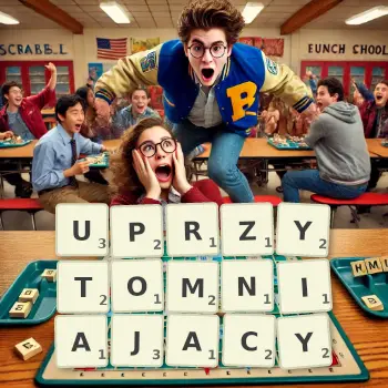 Kreatywna ilustracja do gry w Scrabble ze słowem UPRZYTOMNIAJACY ułożonym z płytek na planszy.