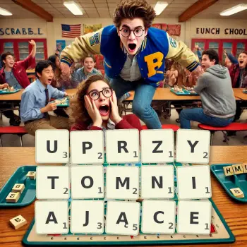 Kreatywna ilustracja do gry w Scrabble ze słowem UPRZYTOMNIAJĄCE ułożonym z płytek na planszy.