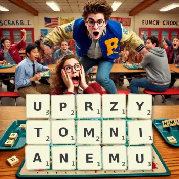 Kreatywna ilustracja do gry w Scrabble ze słowem UPRZYTOMNIANEMU ułożonym z płytek na planszy.