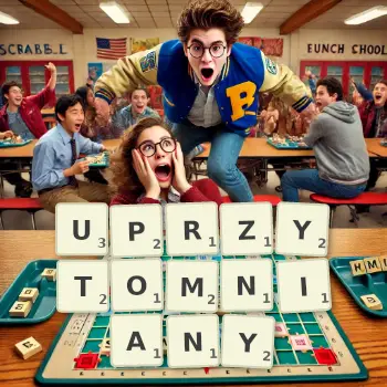 Kreatywna ilustracja do gry w Scrabble ze słowem UPRZYTOMNIANY ułożonym z płytek na planszy.