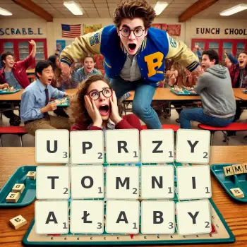 Kreatywna ilustracja do gry w Scrabble ze słowem UPRZYTOMNIAŁABY ułożonym z płytek na planszy.