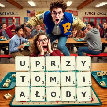 Kreatywna ilustracja do gry w Scrabble ze słowem UPRZYTOMNIAŁOBY ułożonym z płytek na planszy.