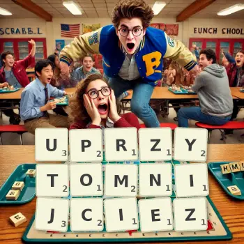 Kreatywna ilustracja do gry w Scrabble ze słowem UPRZYTOMNIJCIEZ ułożonym z płytek na planszy.