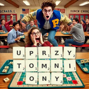 Kreatywna ilustracja do gry w Scrabble ze słowem UPRZYTOMNIONY ułożonym z płytek na planszy.