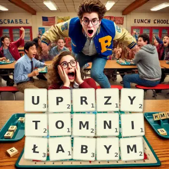 Kreatywna ilustracja do gry w Scrabble ze słowem UPRZYTOMNIŁABYM ułożonym z płytek na planszy.