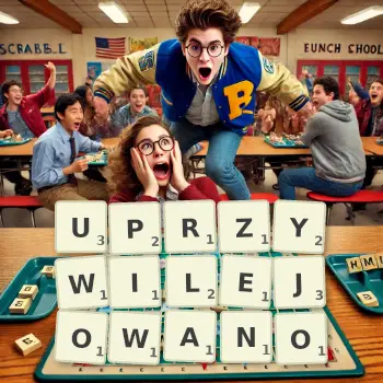 Kreatywna ilustracja do gry w Scrabble ze słowem UPRZYWILEJOWANO ułożonym z płytek na planszy.