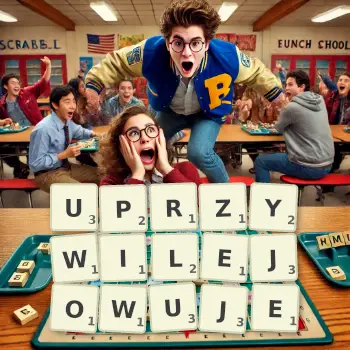 Kreatywna ilustracja do gry w Scrabble ze słowem UPRZYWILEJOWUJE ułożonym z płytek na planszy.