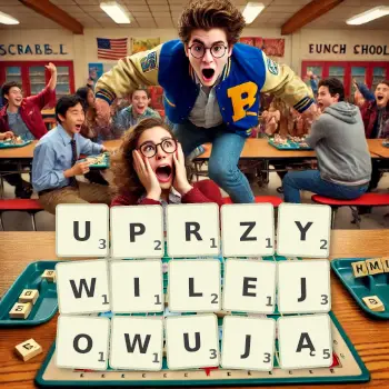 Kreatywna ilustracja do gry w Scrabble ze słowem UPRZYWILEJOWUJĄ ułożonym z płytek na planszy.