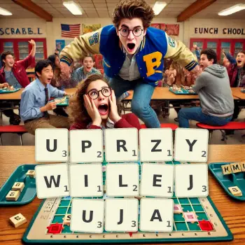 Kreatywna ilustracja do gry w Scrabble ze słowem UPRZYWILEJUJA ułożonym z płytek na planszy.