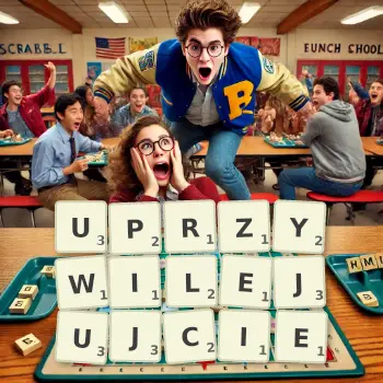 Kreatywna ilustracja do gry w Scrabble ze słowem UPRZYWILEJUJCIE ułożonym z płytek na planszy.