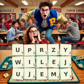 Kreatywna ilustracja do gry w Scrabble ze słowem UPRZYWILEJUJEMY ułożonym z płytek na planszy.