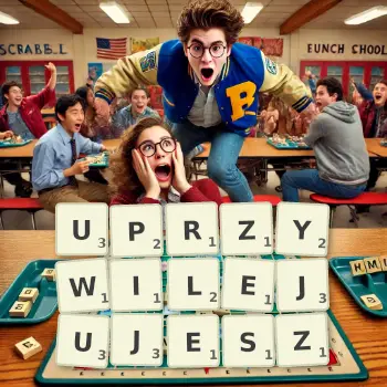 Kreatywna ilustracja do gry w Scrabble ze słowem UPRZYWILEJUJESZ ułożonym z płytek na planszy.