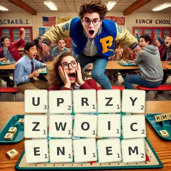 Kreatywna ilustracja do gry w Scrabble ze słowem UPRZYZWOICENIEM ułożonym z płytek na planszy.