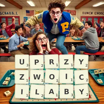 Kreatywna ilustracja do gry w Scrabble ze słowem UPRZYZWOICILABY ułożonym z płytek na planszy.