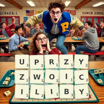 Kreatywna ilustracja do gry w Scrabble ze słowem UPRZYZWOICILIBY ułożonym z płytek na planszy.