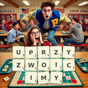 Kreatywna ilustracja do gry w Scrabble ze słowem UPRZYZWOICIMY ułożonym z płytek na planszy.