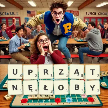 Kreatywna ilustracja do gry w Scrabble ze słowem UPRZĄTNĘŁOBY ułożonym z płytek na planszy.