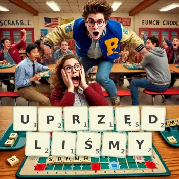 Kreatywna ilustracja do gry w Scrabble ze słowem UPRZĘDLIŚMY ułożonym z płytek na planszy.