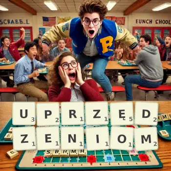 Kreatywna ilustracja do gry w Scrabble ze słowem UPRZĘDZENIOM ułożonym z płytek na planszy.