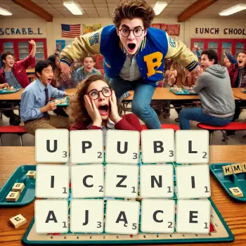 Kreatywna ilustracja do gry w Scrabble ze słowem UPUBLICZNIAJĄCE ułożonym z płytek na planszy.