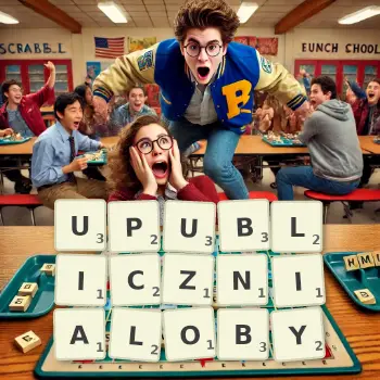 Kreatywna ilustracja do gry w Scrabble ze słowem UPUBLICZNIALOBY ułożonym z płytek na planszy.