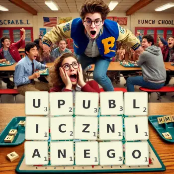 Kreatywna ilustracja do gry w Scrabble ze słowem UPUBLICZNIANEGO ułożonym z płytek na planszy.