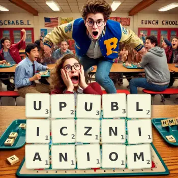 Kreatywna ilustracja do gry w Scrabble ze słowem UPUBLICZNIANIOM ułożonym z płytek na planszy.