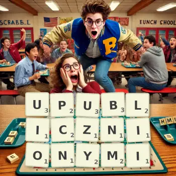 Kreatywna ilustracja do gry w Scrabble ze słowem UPUBLICZNIONYMI ułożonym z płytek na planszy.