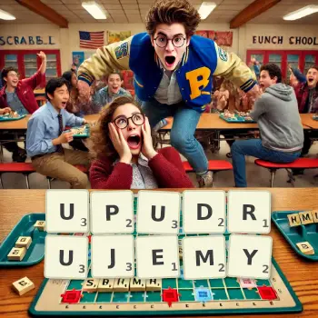 Kreatywna ilustracja do gry w Scrabble ze słowem UPUDRUJEMY ułożonym z płytek na planszy.