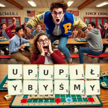 Kreatywna ilustracja do gry w Scrabble ze słowem UPUPIŁYBYŚMY ułożonym z płytek na planszy.