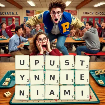 Kreatywna ilustracja do gry w Scrabble ze słowem UPUSTYNNIENIAMI ułożonym z płytek na planszy.