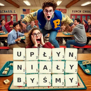 Kreatywna ilustracja do gry w Scrabble ze słowem UPŁYNNIAŁYBYŚMY ułożonym z płytek na planszy.