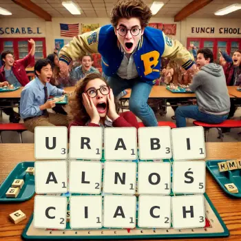 Kreatywna ilustracja do gry w Scrabble ze słowem URABIALNOŚCIACH ułożonym z płytek na planszy.