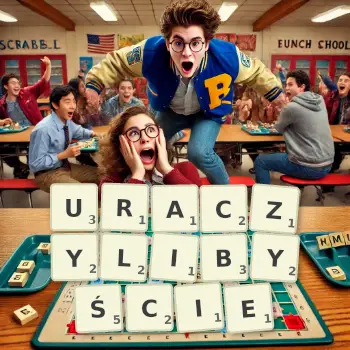 Kreatywna ilustracja do gry w Scrabble ze słowem URACZYLIBYŚCIE ułożonym z płytek na planszy.