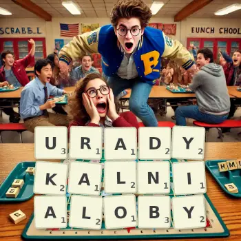 Kreatywna ilustracja do gry w Scrabble ze słowem URADYKALNIALOBY ułożonym z płytek na planszy.