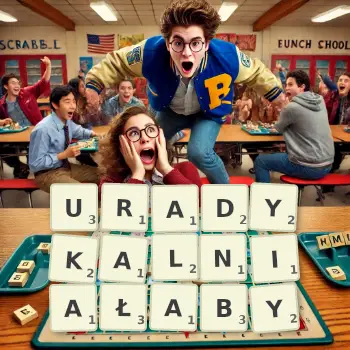 Kreatywna ilustracja do gry w Scrabble ze słowem URADYKALNIAŁABY ułożonym z płytek na planszy.