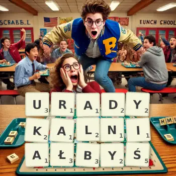 Kreatywna ilustracja do gry w Scrabble ze słowem URADYKALNIAŁBYŚ ułożonym z płytek na planszy.