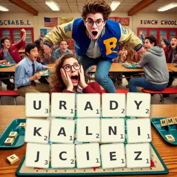 Kreatywna ilustracja do gry w Scrabble ze słowem URADYKALNIJCIEZ ułożonym z płytek na planszy.