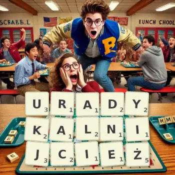 Kreatywna ilustracja do gry w Scrabble ze słowem URADYKALNIJCIEŻ ułożonym z płytek na planszy.