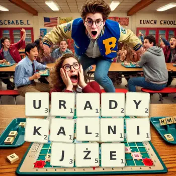 Kreatywna ilustracja do gry w Scrabble ze słowem URADYKALNIJŻE ułożonym z płytek na planszy.