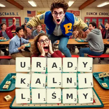 Kreatywna ilustracja do gry w Scrabble ze słowem URADYKALNILIŚMY ułożonym z płytek na planszy.