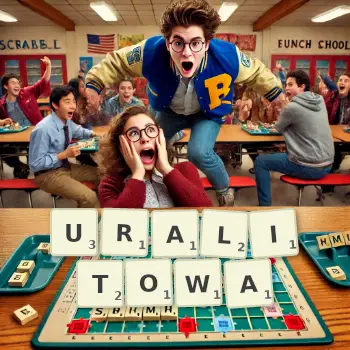 Kreatywna ilustracja do gry w Scrabble ze słowem URALITOWA ułożonym z płytek na planszy.