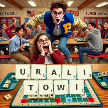 Kreatywna ilustracja do gry w Scrabble ze słowem URALITOWI ułożonym z płytek na planszy.