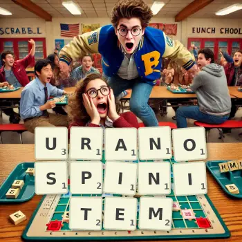 Kreatywna ilustracja do gry w Scrabble ze słowem URANOSPINITEM ułożonym z płytek na planszy.