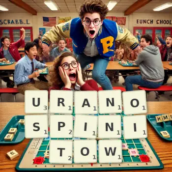 Kreatywna ilustracja do gry w Scrabble ze słowem URANOSPINITOW ułożonym z płytek na planszy.